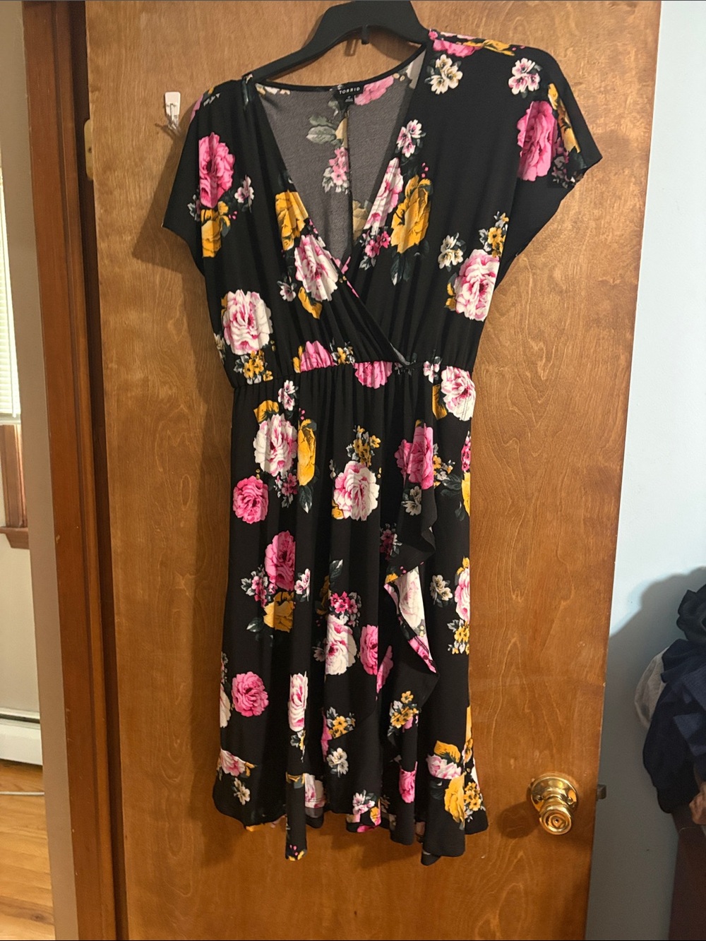 torrid Black Floral Wrap Midi Dress with Pink & Yellow Blooms